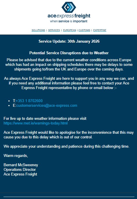 Logistics Freight Forwarding Ireland Weather Update January 2026
